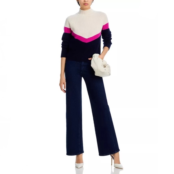 Luxurious 100% Cashmere Color Block Chevron Sweater By Aqua in Ivory / Pink/ Nav - Picture 6 of 6